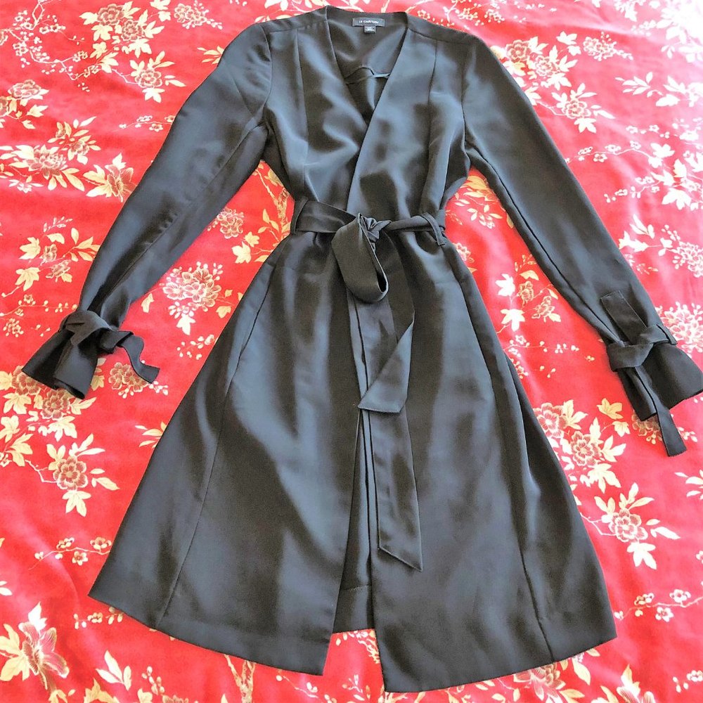 Flattering Open-Front Longline Belted Black Trench Coat - Size XXS